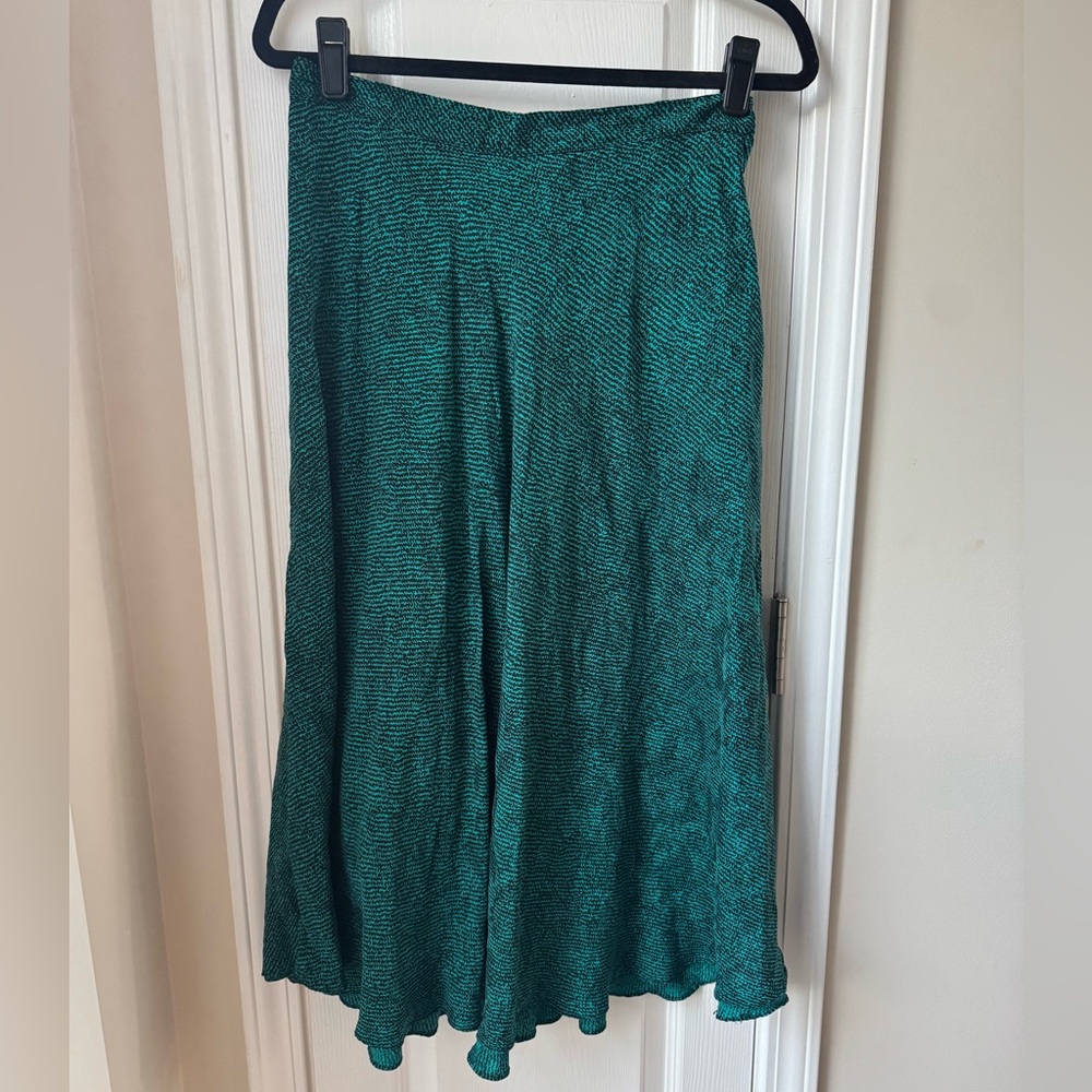 Vintage 100% Silk Teal Black Printed A-Line Midi Skirt Size 14
